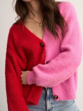 Dee Ellt Colorblock Pink & Red Fuzzy Button-Up Sweater Cardigan